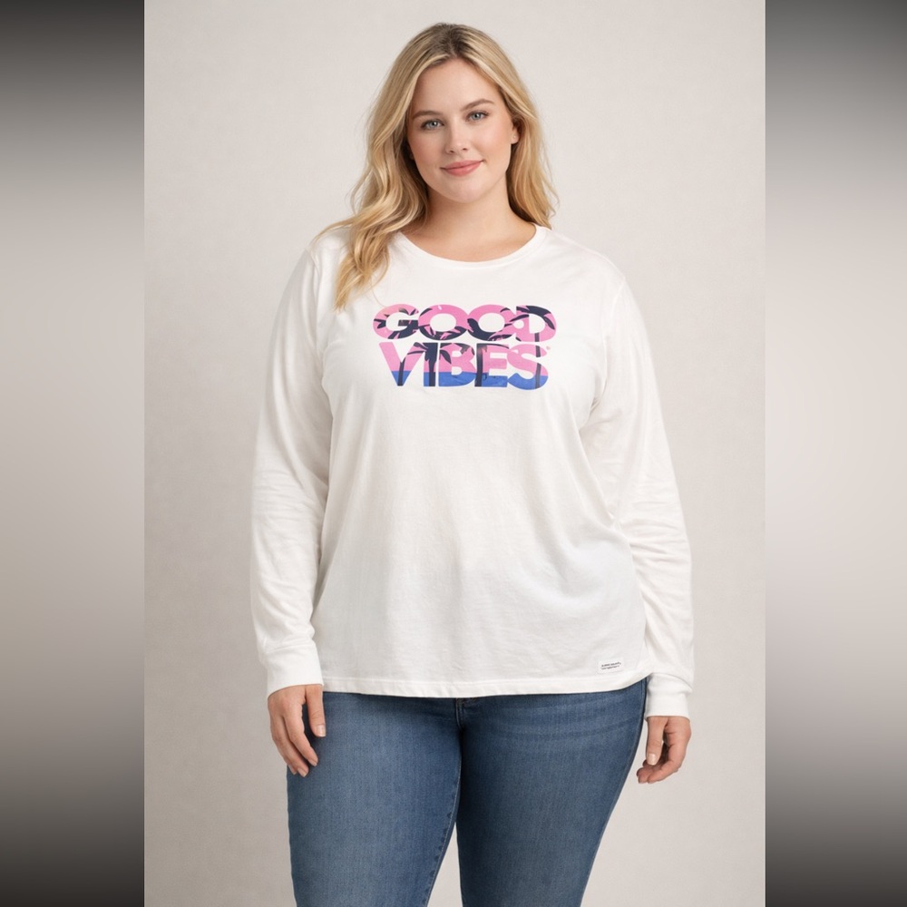 Life is Good “Good Vibes” White Long Sleeved Tee Size XXL Tropical Print Beach